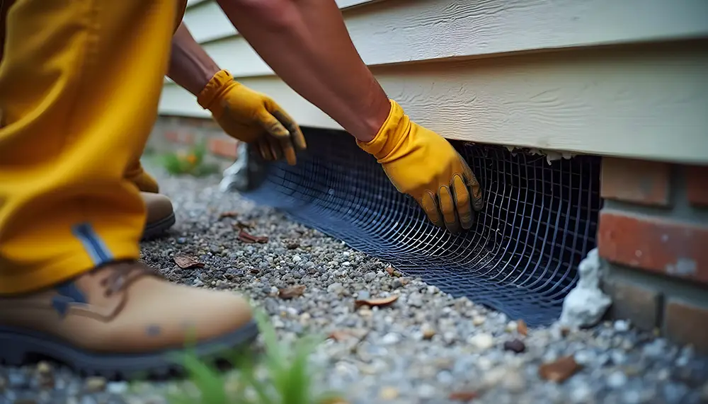 A close-up shot of wire mesh being applied to prevent rodent entry after dead rodents discovered. The image includes a hand wearing gloves applying the material, showcasing preventive measures.